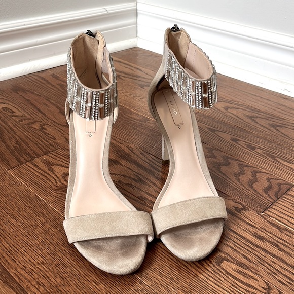 ALDO Gem-Embellished Stiletto Heeled Suede Sandal (in Bone - Size 6) - Picture 2 of 9